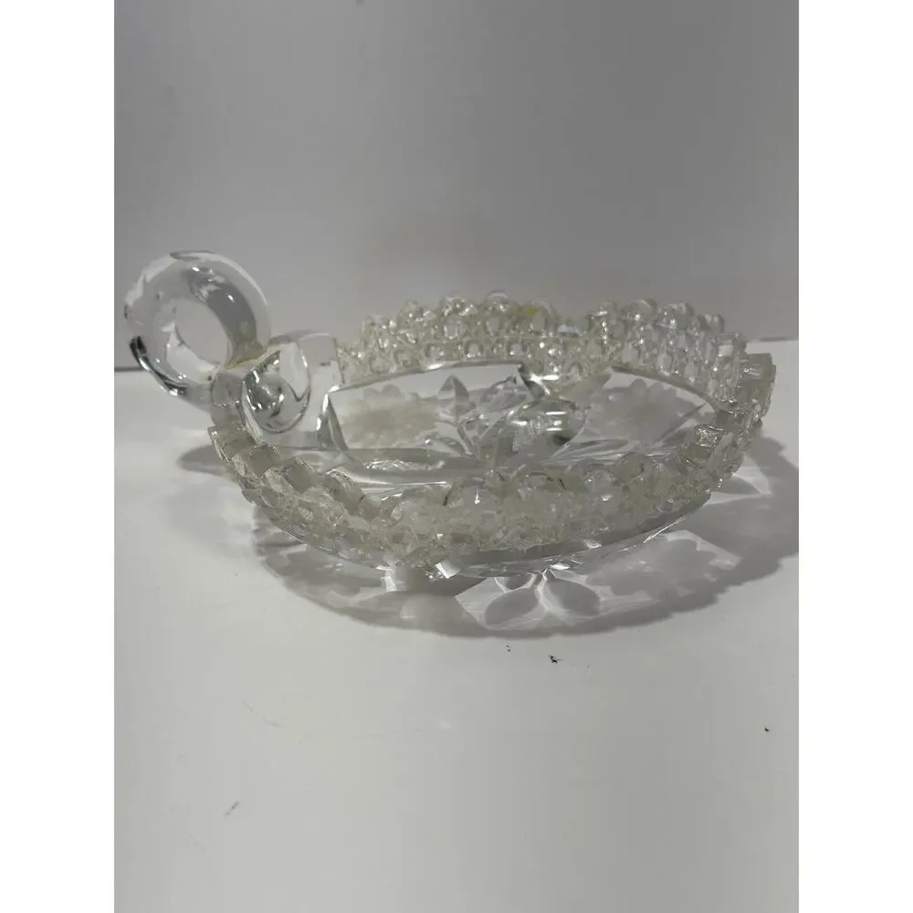 Lot 2 Vintage Large Lead Crystal Cut Clear Glass Ashtray‎ 7” Heavy Dish Etched